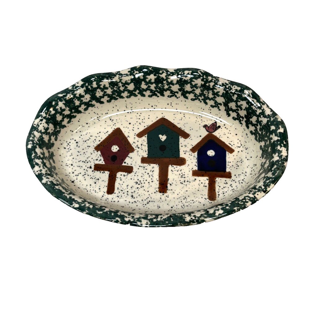 Green Oval Ceramic Bake Ware 11"x8"x2" Spatterware Spongeware Birdhouse Bird Vtg